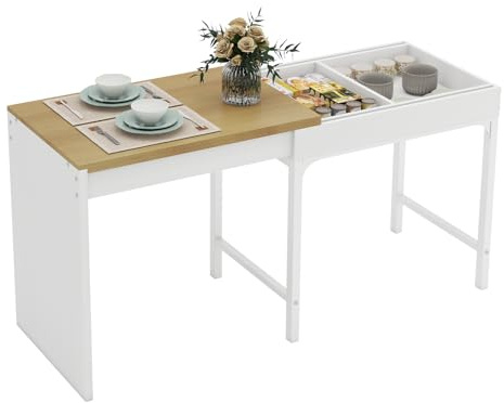 YU YUSING Table Console Extensible 80-160cm avec Rangement Caché, pour 2-6 Personnes, Table à Manger en Bois avec Rallonge, Table Pliante Cuisine, Salle à Manger, Blanc et Naturel