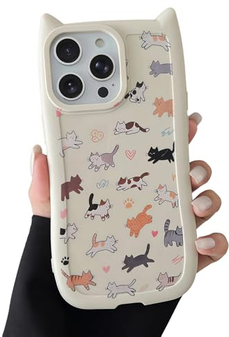 VCGFJD for iPhone 13 Pro Phone Case, Cute 3D Cat Ears with Cat Paw Buttons, Vintage Hand-Drawn Multi-Cat Cartoon Pattern, with Hearts & Paw Prints, Shockproof Soft Protective Cover, Cat Ears