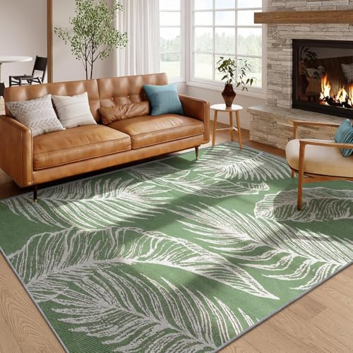 SMXVRC Sage Green Palm Leaf Area Rug, 120x180cm, Tropical Botanical Fern Print Carpet, Modern Boho Living Room Bedroom Rugs, Low Pile Washable Rugs for Floor Entryway