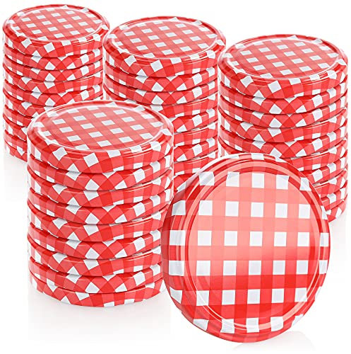 com-four® 40x Couvercles pour les pots en verre - couvercles blanc/rouge quadrillé pour des pots yaourt - couvercle alimentaire - TO 82 mm (0040 pièces - TO 82 mm à carreaux rouge/blanc)