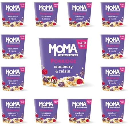 MOMA Instant Porridge Pots CRANBERRY & RAISIN - Pack of 12 x 70g - Breakfast Jumbo Oat with Real Fruit - Gluten Free, High in Fibre, Source of Protein & Rich in Vitamin B6 - Made in UK