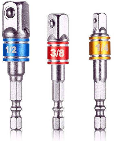 Newder Bohrfutter Adapter, 3 tlg 1/4 3/8 1/2 Stecknuss Adapter Set Sechskant Stecknussadapter Steckschlüssel Schraubenschlüssel Nuss Set