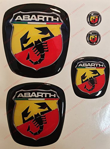 Logo Grande Punto Anteriore, Posteriore + Volante + 2 Stemmi per Portachiavi. per Cofano e Baule. Adesivi resinati, Effetto 3D. Fregi Scorpione, Sfondo Nero