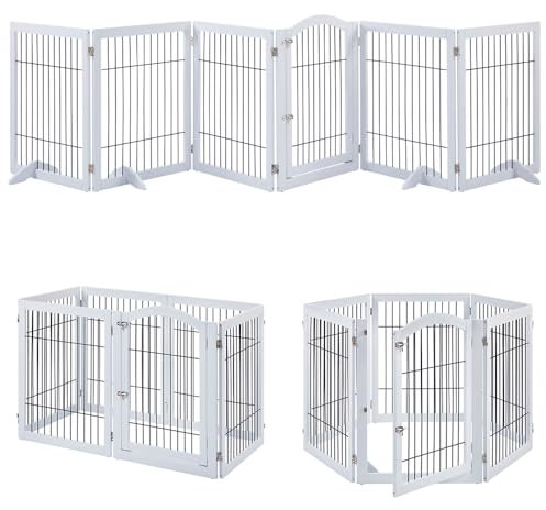 Unipaws Kaminschutzgitter & Hundezauntrenner, Faltbares Metall-Absperrgitter, treppenschutzgitter ohne Bohren, 6 Paneele Laufstall für Hunde welpenauslauf und 4 Stützfüße, weiß