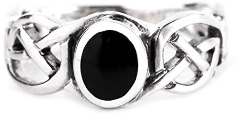 WINDALF Celtic Damen Ring NORAN h: 0.8 cm Eleganter Schwarzer Onyx mit Zopfmuster 925 Sterlingsilber (Silber, 48 (15.3))