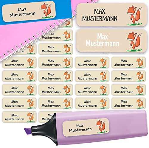 Sunnywall® Namensaufkleber Kinder Schule Fuchs Aufkleber Namensetiketten | 60 Stück Klebeetiketten zum Beschriften 4,8x1,6cm Kita Schulanfang | wasserfest