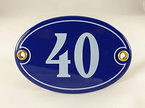 Emaille Hausnummer Schild Nr. 40, oval, Blau-Weiß mit Schrauben und Dübel Handarbeit