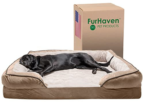 Furhaven Haustier-Hundebett, kühlendes Gel-Memory-Schaum, Wellen, perfekter Komfort, traditionelles Sofa-Stil, Wohnzimmer-Couch, Haustierbett mit abnehmbarem Bezug für Hunde und Katzen, Braunstein, Jumbo Plus