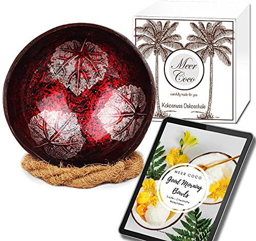 Meer Coco Cuenco de coco de diseño rojo, incluye libro electrónico de recetas y soporte de cuencos, ideal como cuenco de aperitivos, decoración y aperitivos, juego de regalo, 1 cuenco de coco y