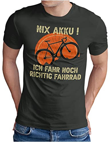 OM3® lustiges Radfahrer Bicycle T-Shirt mit Spruch | Herren | Nix Akku! Ich fahr noch richtig Fahrrad - Kein E-Bike | Dark Grey, XL
