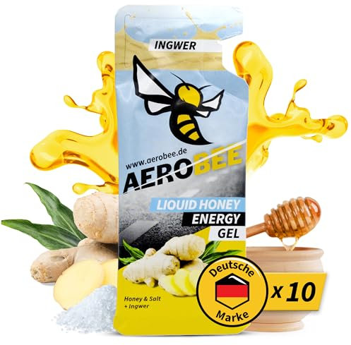 AEROBEE Energy Liquid Gel - Ingwer 10x26g [100% Natürliches Energie aus Honig] richtig leckeres Sportgel für den Ausdauersport, Energy Gel Laufen, Power Sport, Kohlenhydrate