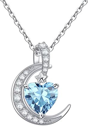Qings Geburtsstein Kette Mond Halskette - Sterling Silber 925 Anhänger Herz Zirkonia Edelstein Schmuck Geschenke für Damen Mädchen Ehefrau