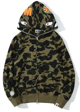 Yumenam Herren Shark Hoodie Hip Hop Kapuzenpullover Mit Reißverschluss Langarm Sweatshirt mit Haifisch Druck Shark Head Reißverschluss Camouflage Jacken Sweatjacke