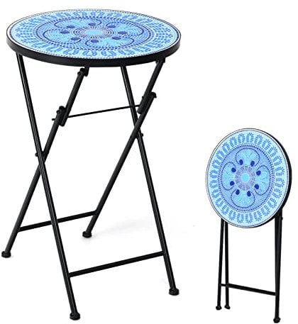 COSTWAY Folding Garden Side Table, 36cm Round Mosaic Bistro Table with Ceramic Tile Top, Indoor Outdoor Small End Coffee Table Plant Stand for Patio Balcony Porch (Folding, Blue Four Leaf Clover)