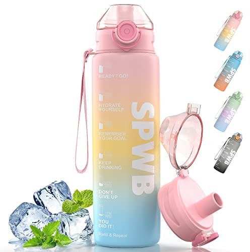 SPWB Trinkflasche,1L Sportflasche Auslaufsicher, BPA-frei Tritan Wasserflasche mit Filter und Zeitmarkierung, Kohlensäure Geeignet für Fahrrad, Fitness, Wandern, Camping und Schule (blue)