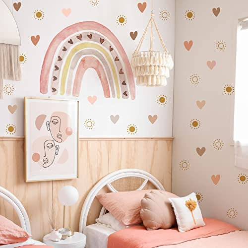 funlife Regenbogen Wandtattoo Boho Herzen, Selbstklebend Wandtattoo Sonne Wandaufkleber, bunte Wandsticker für Mädchen Kinderzimmer Schlafzimmer Wohnzimmer