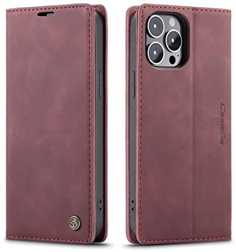 ZOETEC Wallet Case for iPhone 13 Pro Genuine Leather Flip Magnetic Case With Card Slots/TPU Shell, Anti-Slip & Shockproof (Red)