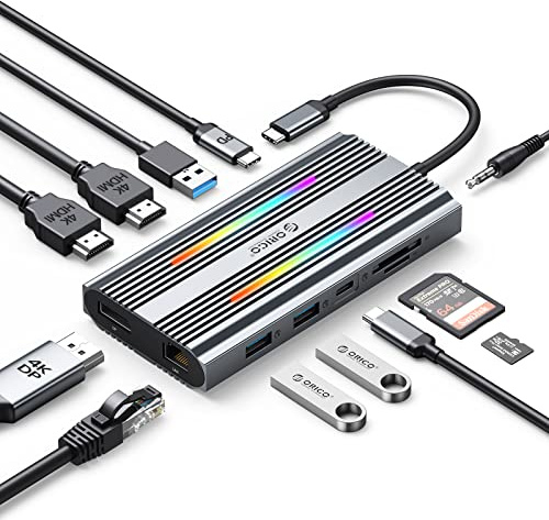 ORICO 12 IN 1 USB C Docking Station, Dual 4K HDMI, DP 1.4, 100W PD, RJ45, 4 USB Ports, SD/TF, Audio, 14 RGB Beleuchtungsmodi, Kompatibel für Windows/MacOS