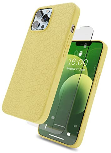 Lagoon Inc. Biodegradable Protective Phone Case for iPhone 13 Pro with Glass Screen Protector - Eco Friendly Plant Based Compostable Case Iphone 14 Pro - Shockproof, Wireless Charging (Yellow)