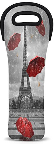 Wine Carrier Tote Bag, Eiffel Tower Pattern Insulated Neoprene Wine/Water Bottle Holder, Red Umbrella Wine Bag for Travel Party, 750ml