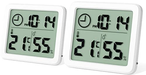 Newaner 2 stück Mini Digital Thermometer, Professionelles Tragbares Großbild Hygrometer mit Uhr, Genaues Weißes Zimmerthermometer, Raumthermometer für Zuhause, Babyzimmer, Büro, Gewächshaus