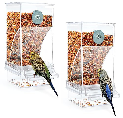 Rypet 2 Pack No Mess Automatic Bird Feeder Transparent Food Container Cage Acrylic Parrot Feeder Accessories for Small Birds Parrot Cockatoo Canary