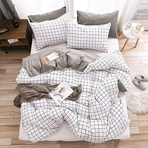 Housse de Couette Blanche 220x240 Coton Géométrique à Carreaux Aesthetic Parure de Lit Adulte Blanc et Noir Grise Housse Couette 220 x 240 avec Fermeture Éclair avec 2 Taies d'oreiller 65x65cm