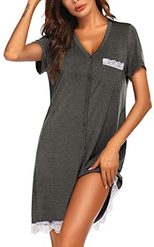 Ekouaer Chemise de Nuit Ouverte Devant Robe de Nuit Femme Manches Courtes Col V Vêtements de Nuit, Gris Foncé, XL