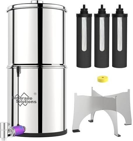 Membrane Solutions Système de filtration d'eau UV de comptoir, filtre à eau par gravité en acier inoxydable de 2,25 G avec 3 filtres UF de 0,1 micron, pour la maison, le camping et le camping-car (U3)