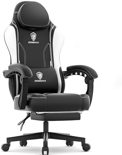Dowinx Silla de gaming Racing Gamer con cojín de primavera, sillón ergonómico para gaming con masaje lumbar, silla de oficina de cuero PU silla PC silla respaldo ancho 150 kg, blanco