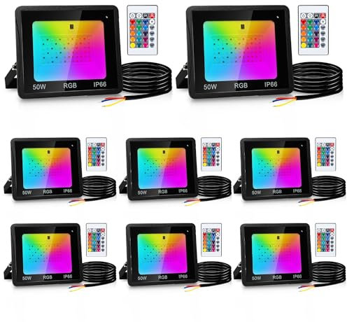 Yakimz 50W RGB LED Strahler Dimmbar 8 Stück, Aussen Fernbedienung, Außenstrahler LED RGB Wasserdicht IP66, 16 Farben 4 Modi, Fluter für bäume, Stimmungslicht mit Farbwechsel