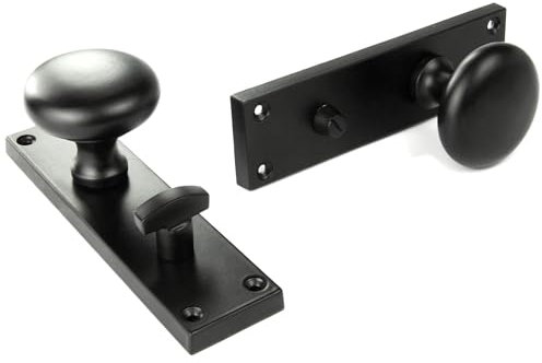 UNDERGROUND PARTS Jones & Grey New York Style Round Door Knobs Bathroom Handles on a Long Backplate Satin Black