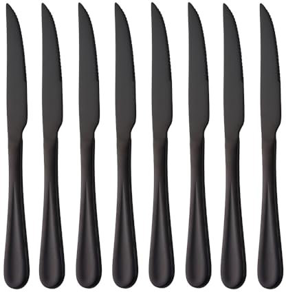 SBOMHS Set of 8 Serrated Steak Knives Table Knives Stainless Steel Dinner Knives Set 9 Inches (Black)