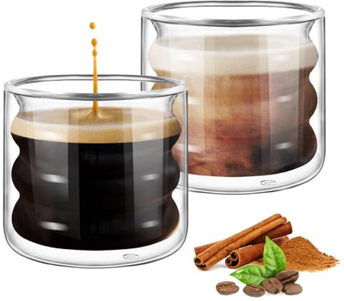 ecooe Espresso Cup 120ml Double Walled Glass Espresso Coffee Cups Set of 2, Ripple Shaped Espresso Glass for Tea, Iced Americano, Macchiato, Milk