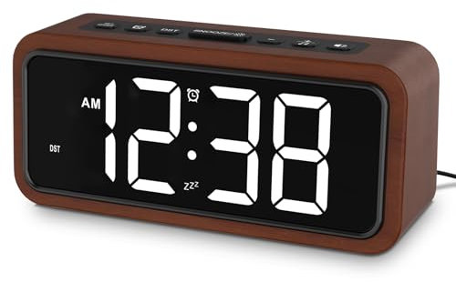 Wecker Digital Holz, Holzwecker mit Lauter Alarme, 12 Klingeltöne, Großer Anzeige, Snooze, 5 Lautstärken, Manuelle DST, Batterie Backup, Retro Wecker für Schlafzimmer Nachttisch Büro, Netzbetriebene