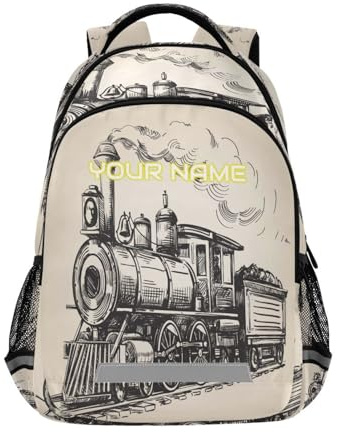 Schulrucksack für Studenten, Dampflokomotive, Transport mit Brustgurt, personalisierter Vintage-Zug-Laptop-Rucksack, individueller Reise-Wanderrucksack für Jungen und Mädchen, mehrfarbig