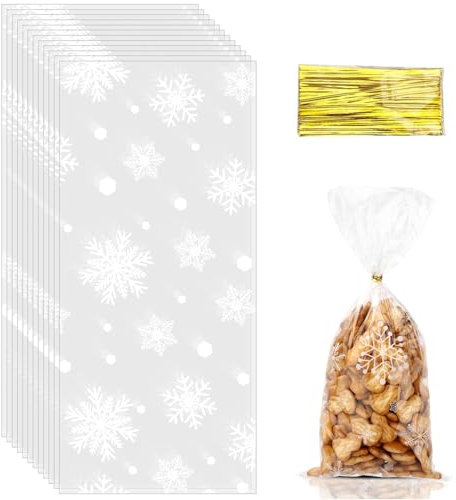 Paquet De 100 Sachets À Biscuits De Noël, Flocon De Neige En Cellophane Transparent Avec 100 Attaches Torsadées, Pour Bonbons, Chocolats