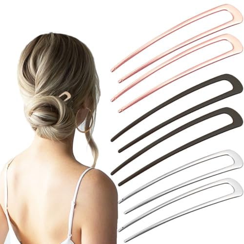 Bmeigo 6pcs Metal U Shaped Hair Pins, 3 Colours Large French Hair Pin Elegant 2 Prong Hair Fork Twist Hairpin Simple Chignon Pins for Women Ladies Girls Hairstyle Accessories(Black/Silver/Rose Gold)