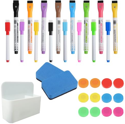 31 Stück Whiteboard Zubehör Set, Magnet Stifthalter Stifte Magnete Schwamm | 16 Mehrfarbig Whiteboard Marker, 1 Magnetischer Stiftehalter, 2 Whiteboard Schwamm, und 12 Magnete für Schule Büro Whiteboard