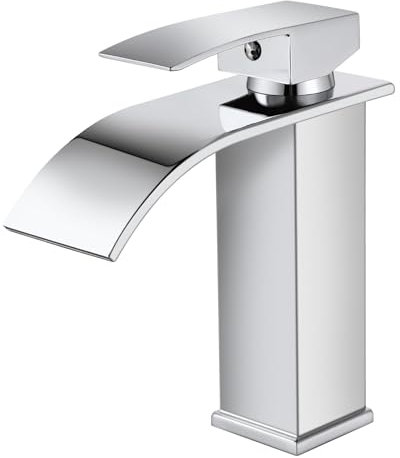 SGUVK Robinet Salle de Bain, Mitigeur Lavabo Cascade Avec une Hauteur de Bec de 107 MM, Robinet Lavabo Carré en Laiton Eau Chaude et Froide Disponible G 3/8, Chromé