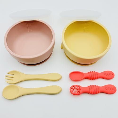 Bojiwavawd 2er-Pack Babyschüsseln aus Silikon mit Saugnapf, 3 Löffel, 1 Gabel, auslaufsichere, festsitzende Silikonschüsseln mit Deckel für Babys, Geschirrset (Beige/Rosa)