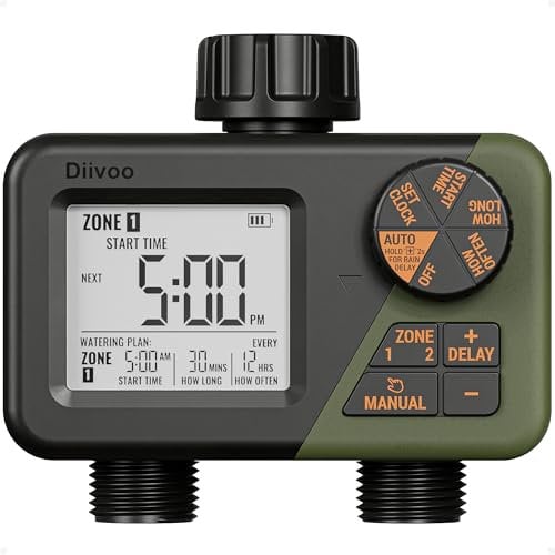 Diivoo Timer Irrigazione 2 uscite, Annaffiatoio Automatico per Tubi d'acqua a 2 Zona per Giardino, Aistema di Irrigazione Automatica per Esterni IPX5 Impermeabile con Ritardo Pioggia/Manuale