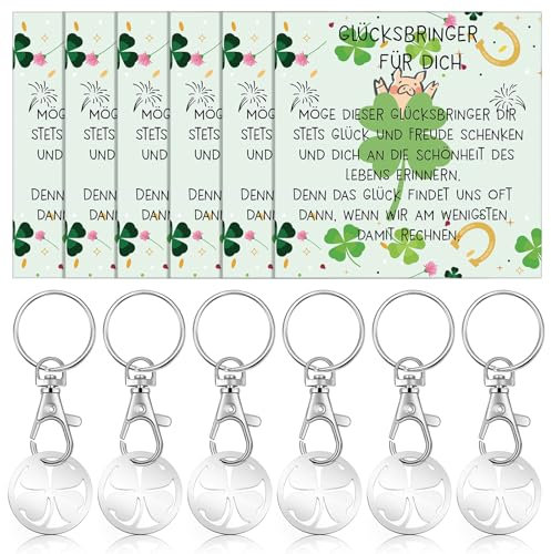 Otuuz 6 Sets Glücksbringer Geschenke 6 Einkaufswagen Schlüsselanhänger 6 Glücksschwein Grußkarten 6 Organzabeutel Vierblättriges Kleeblatt Einkaufswagenchip für Prüfung Kollege Schüler Abitur Erzieher