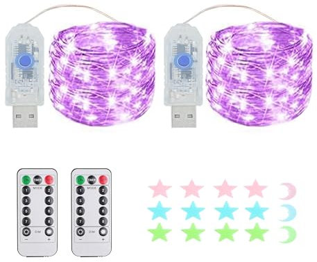 Luci a stringa a LED, 200 LED, funzione timer, 8 modalità Luci a stringa USB impermeabili per esterni/interni con telecomando per camera da letto, cortile, matrimonio, Natale, fai da te, ecc. (Viola)
