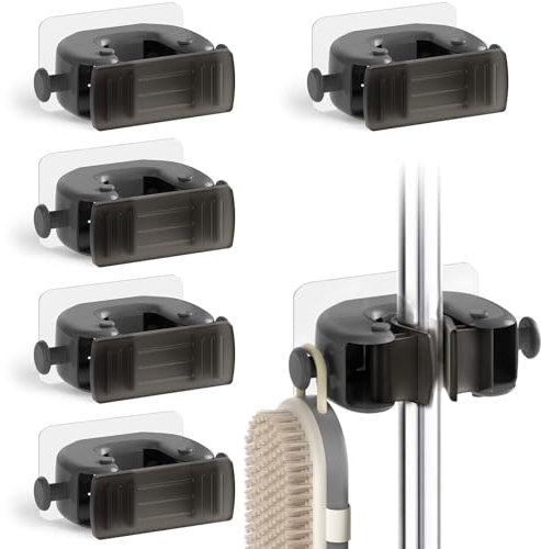 Oamwrae Porta Scope Parete 6 Pezzi, Autoadesivo Portascope da Muro, Appendi Scope a Muro con Clip in Silicone Antiscivolo per Cucina Bagno Garage - Grigio