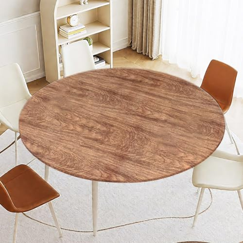 Tischdecke Abwaschbar Rund 110cm, Elastisch Tischdecke, Garten tischdecke mit Gummizug, Outdoor 3D-Druck Tischdecken Ideal für 90cm-110cm (Braune Holzfarbe)
