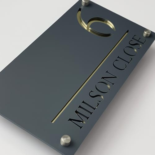 House Numbers Plaques Door Signs For Outside Personalised Door Numbers Custom Name Sign Home 3D Door Street Address Plate (Grey and Gold Text)