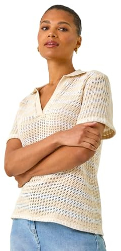Roman Originals Stripe Crochet Collar Knit Top for Women UK - Ladies Everyday Holiday Spring Summer V-Neckline Comfy Soft Evening Vacation Work Party - Beige - Size 12