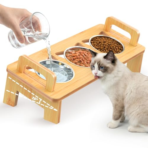 Bambus Katzenfutter Schüssel für Innen, 3 Edelstahl Erhöhte Katzennäpfe mit Ständer, 15°geneigte Katzen Schüssel für kleine Hunde, Katzen Futter und Wasser Schüssel Set, Anti Erbrechen, Schnurrhaare