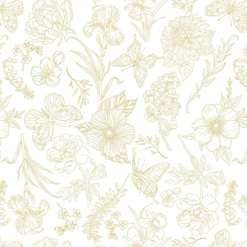 Yomshi Self Adhesive Wallpaper White and Gold Peel and Stick Wallpaper 44cm x 10m Floral Butterfly Wallpaper Thickened Sticky Back Plastic Waterproof Vinyl Wrap for Bedroom Living Room Kitchen
